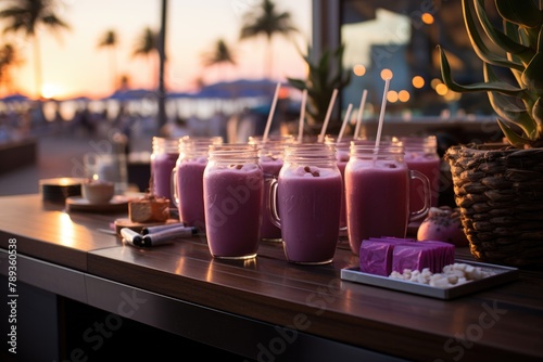 Smoothie de Acai in a beachfront kiosk, with palm trees in the background., generative IA photo