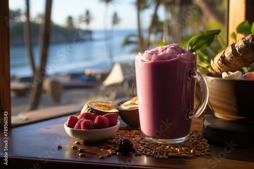 Smoothie de Acai in a beachfront kiosk, with palm trees in the background., generative IA photo
