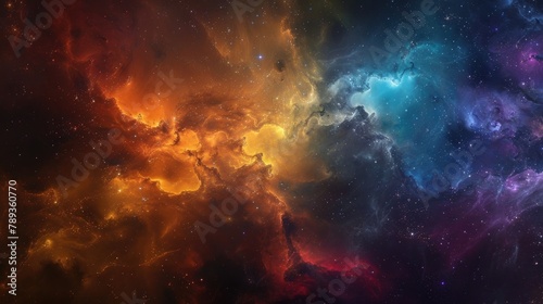 A vibrant cosmic cloud illuminated by the light of nearby stars  with colorful gases and dust creating a dazzling display of color and light.