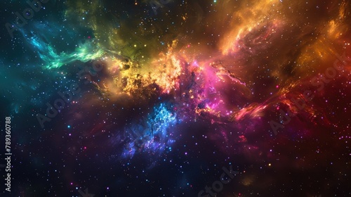 A vibrant cosmic cloud illuminated by the light of nearby stars, with colorful gases and dust creating a dazzling display of color and light.