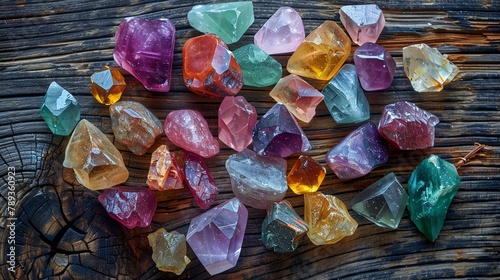 Dramatic top view of a collection of raw, uncut gemstones scattered across a rustic wooden surface, high contrast lighting