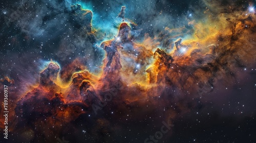 A vibrant cosmic cloud illuminated by the light of nearby stars, with colorful gases and dust creating a dazzling display of color and light.