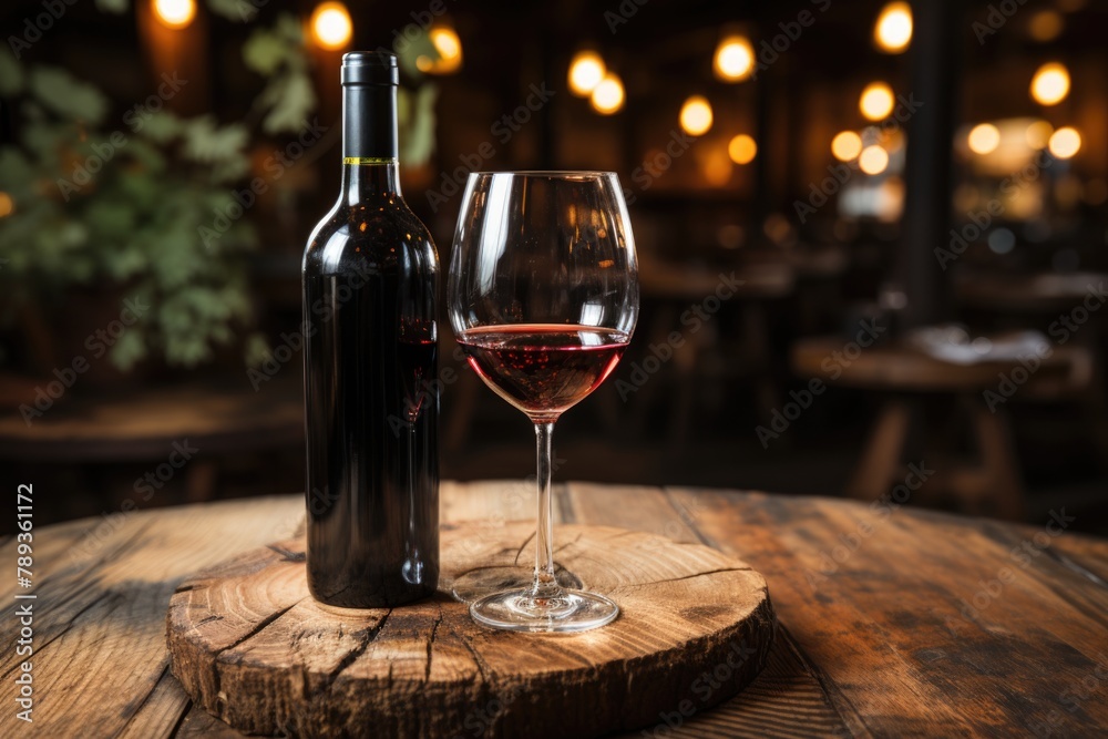 A glass of red wine on a rustic wooden table in a cozy winery., generative IA