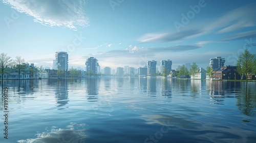 A vast body of water with a city skyline in the background photo
