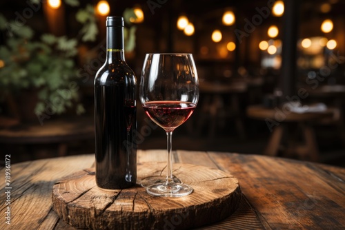 A glass of red wine on a rustic wooden table in a cozy winery., generative IA