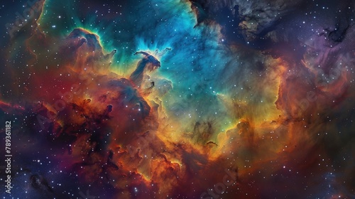 A vibrant cosmic cloud illuminated by the light of nearby stars, with colorful gases and dust creating a dazzling display of color and light. photo