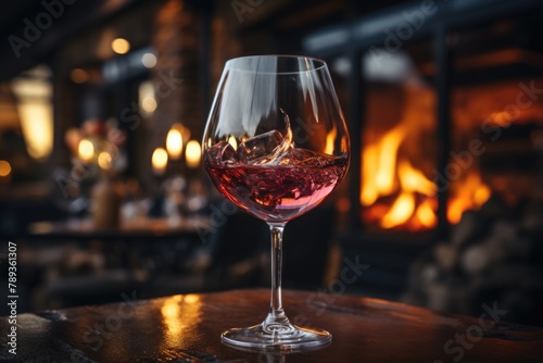 Rugged red wine in a crystal glass in a restaurant with fireplace., generative IA