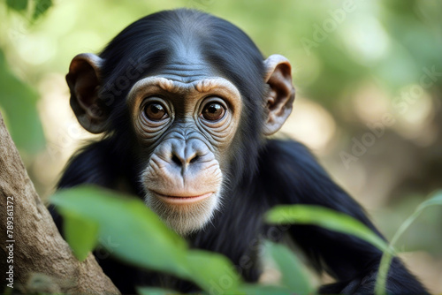 ( Young Chimpanzee Simia ye troglodytes looking camera vertebrate creature standing one animal mammal studio shot black white ape wild facing background photo