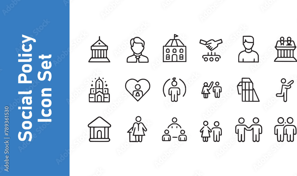 Social policy icon set with editable vector. welfare, family, privacy, policy.