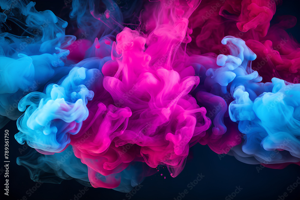 Explosion of color. Neon background. Paint in water. Bright smoke cloud texture. dark background