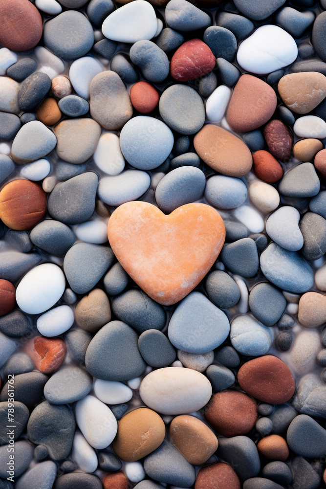 Heart-shaped pebbles arranged on a sandy beach, with waves in the background сreated with Generative Ai Heart-shaped pebbles arranged on a sandy beach, with waves in the background сreated with Generative Ai