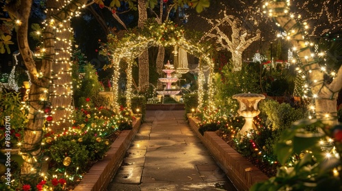 A whimsical holiday garden adorned with twinkling lights and festive decorations, with illuminated pathways winding past sparkling fountains and charming displays, creating a magical wonderland for ho © Babar