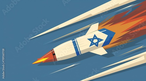 A cartoon illustration of a rocket with an Israeli flag design accelerating upwards with a fiery tail photo