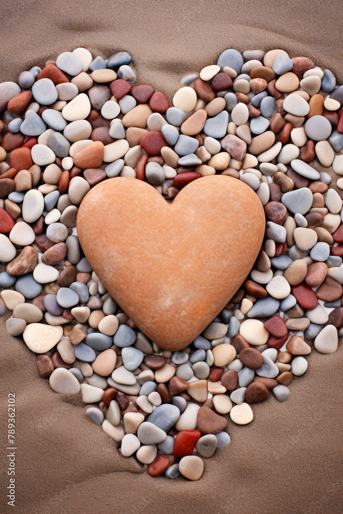 Obraz premium Heart-shaped pebbles arranged on a sandy beach, with waves in the background сreated with Generative Ai