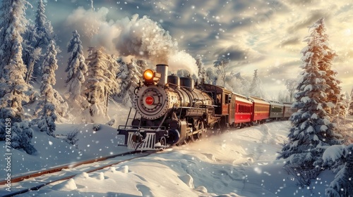 A whimsical holiday train journey through a snow-covered landscape, with vintage steam trains chugging along festively decorated tracks, offering passengers a scenic and enchanting holiday adventure.