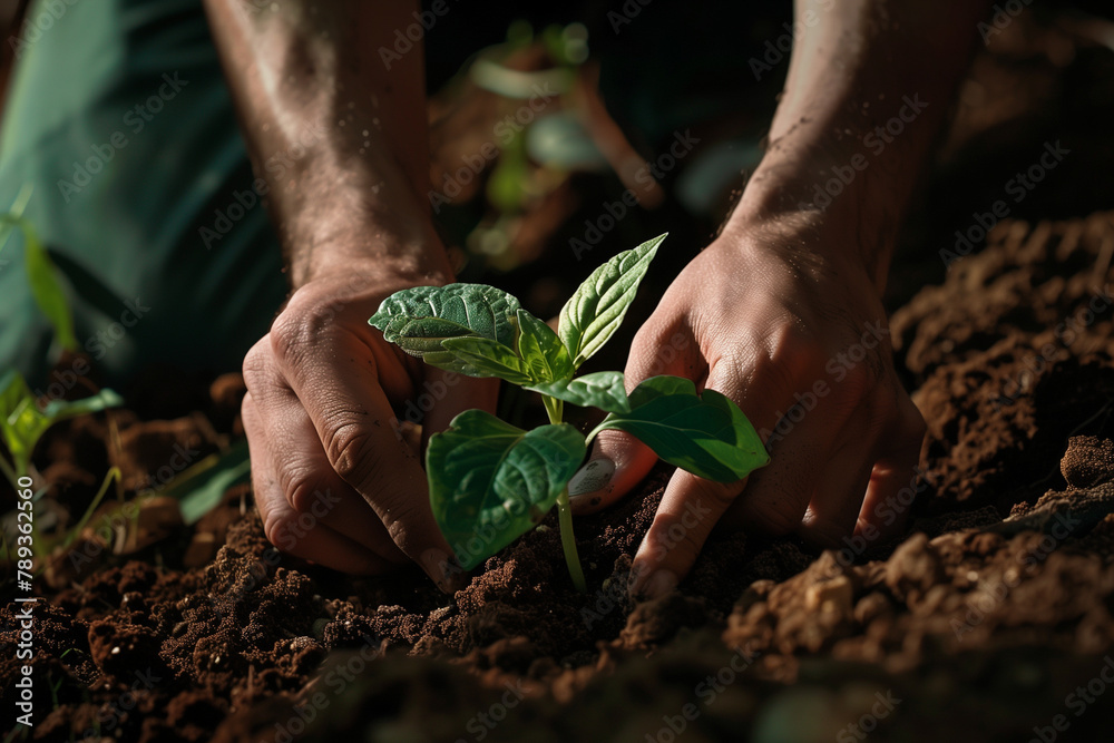 Man hoeing the soil, hands planting green seedling in dramatic lighting, tech style - obrazy, fototapety, plakaty 