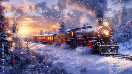 A whimsical holiday train journey through a snow-covered landscape, with vintage steam trains decked out in festive decorations and passengers enjoying panoramic views of wintry scenery.