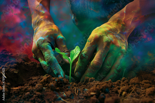 Man hoeing the soil, hands planting green seedling showcasing vibrant colors, tech style photo