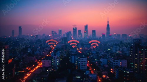 Digital illustration of a bustling cityscape at dusk  enhanced with visual wifi connectivity symbols highlighting urban internet access.