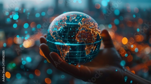 A hand gently cradles a glowing digital globe with world map over a cityscape, symbolizing global connectivity.