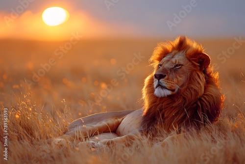 Lion Resting in Field as Sun Sets. Generative AI