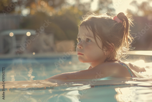 Atmospheric image capturing a child girl s morning routine  set against the refreshing backdrop of a clear pool.