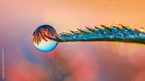 A close-up shot of a single raindrop clinging to the edge of a leaf, reflecting the surrounding landscape in its tiny sphere, capturing a moment of purity and clarity. photo