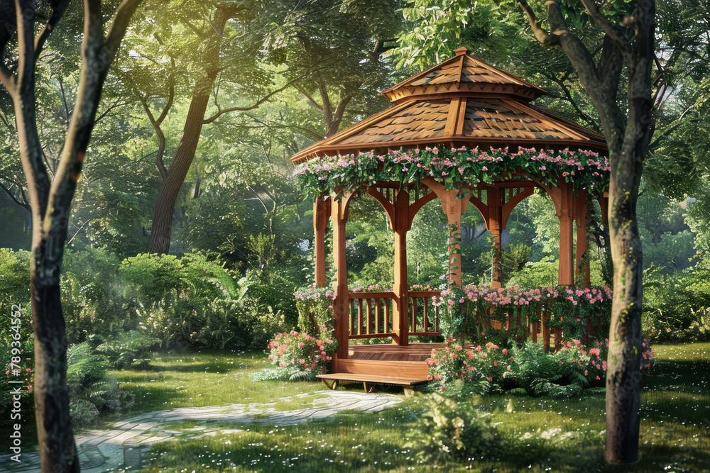 wooden gazebo decorated with flowers and greenery stands in the center of an outdoor garden, surrounded by trees and grass. creating a romantic atmosphere for wedding wooden gazebo decorated with flowers and greenery stands in the center of an outdoor garden, surrounded by trees and grass. creating a romantic atmosphere for wedding
