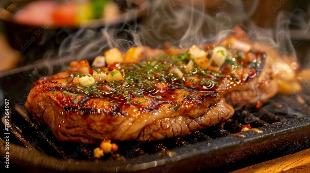 A close-up shot of a sizzling steak fresh off the grill, its caramelized exterior and juicy interior promising a flavorful dining experience.