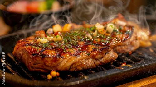 A close-up shot of a sizzling steak fresh off the grill, its caramelized exterior and juicy interior promising a flavorful dining experience.