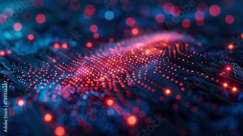 A computer chip with red and blue dots. The image is abstract and has a futuristic feel to it