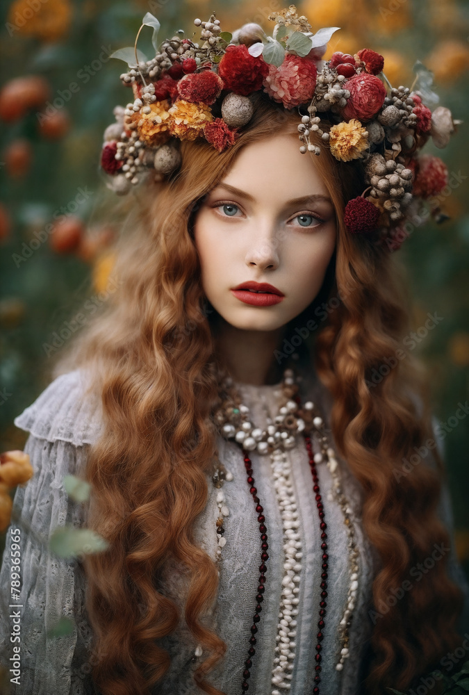 Fototapeta premium a woman with long hair wearing a wreath of flowers on her head and a necklace on her neck, standing in a field
