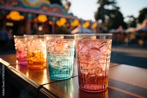 Color-stranded soda glass in a themed park in the afternoon with carousel and exciting roller coaster., generative IA