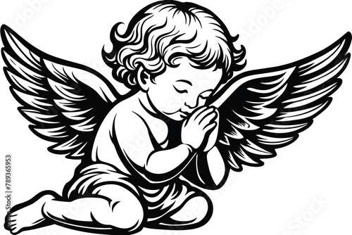 Baby angel praying line art vector illustration