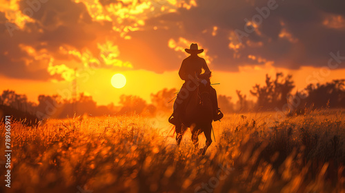 cowboy on a horse in the field rides against the background of the sunset. breathtaking landscape wallpaper  © AY AGENCY
