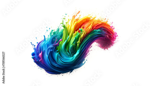 digital image of vibrant multi colored paint splashes in mid air against a white background