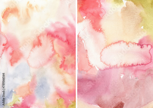 Watercolor abstract textures of pink, blue, beige, red and white spots. Hand painted pastel illustration isolated on white background. For design, print, fabric or background. (ID: 789366564)