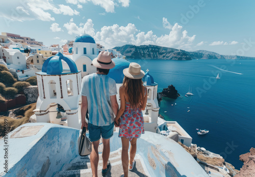 Young couple in love walking along the stairs of Oia, Santorini island with blue domes and white church buildings on Greek volcano landscape © Kien