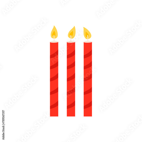 Striped candles for birthday cake or pie vector illustration. Holiday candles with burning flames in night, candlelight on wicks