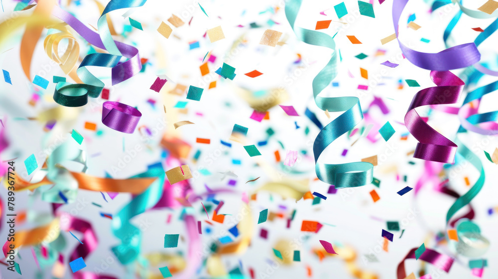 colorful confetti and ribbons falling on a white background. festive party decoration for a celebration or holiday event, carnival, birthday. colorful confetti and ribbons falling on a white background. festive party decoration for a celebration or holiday event, carnival, birthday.
