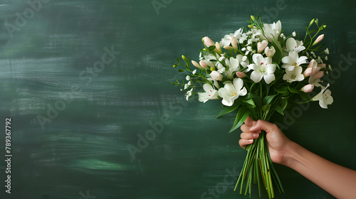 A hand holding a bouquet of flowers on a green blackboard background. Copy space area. Teachers day. Back to school. Student day