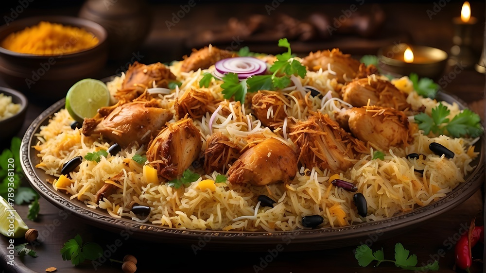 A photorealistic image of an exotic platter of Hyderabadi chicken biryani. The platter showcases the biryani dish with all its ingredients, including tender chicken pieces, fragrant basmati rice, aro A photorealistic image of an exotic platter of Hyderabadi chicken biryani. The platter showcases the biryani dish with all its ingredients, including tender chicken pieces, fragrant basmati rice, aro