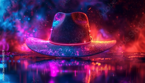 A hat is floating in a pool of water with a colorful background by AI generated image