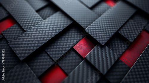 Black and red carbon fiber background, industrial 3d illustration, close-up