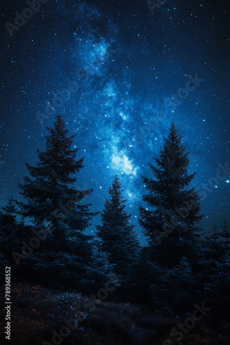 Trees under clear night sky with stars, ai technology