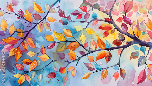 Artistic Autumn  Pastel Watercolor Painting of a Tree