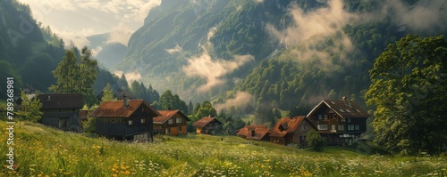 A quaint cluster of houses nestled in a valley, surrounded by pristine nature.