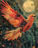 cybernetic phoenix rising from the ashes of a digital wasteland, contemporary art collage aesthetic, classic illustration of a 50s era, retro vintage , vintage & pop background, wallpaper