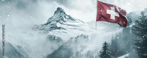 A close-up of a Swiss flag fluttering in the breeze against a backdrop of snowy mountains.