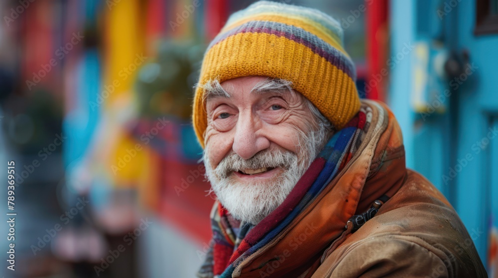 Colorful Urban Setting: Happy Elderly Man Smiling Outdoors